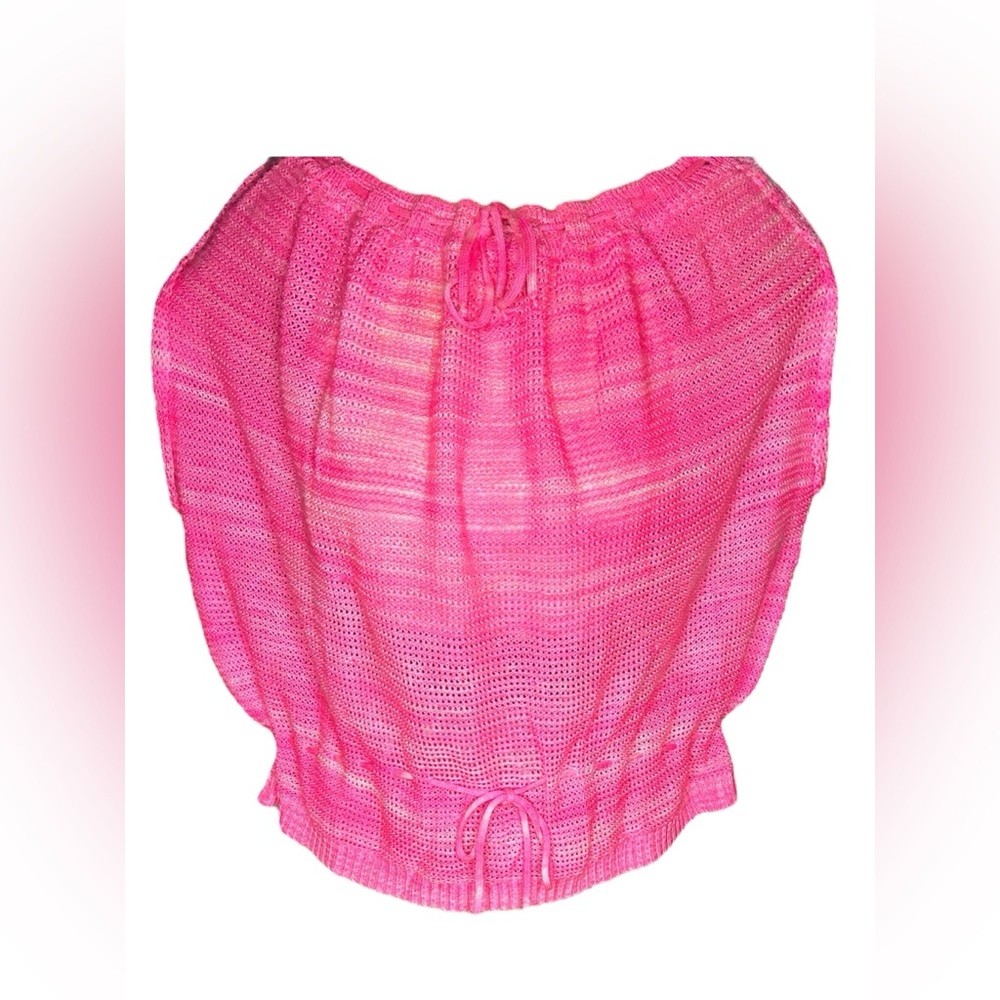 VTG 70s Courrèges Paris Pink Mesh Knit Top Off Shoulder Drawstring France Sz 00